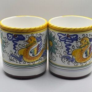 Set of 2 Deruta Style Italian Hand Painted Pottery Mugs Decorato a Mano